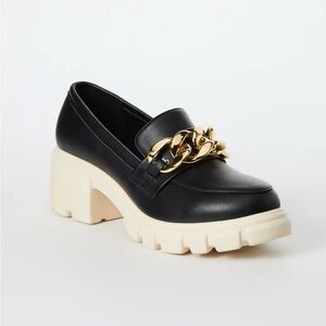 Lug Sole Platform Loafer in Black Caviar & Cream with Gold Chain Hardware